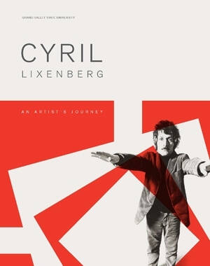 Cover for the digital catalogue "Cyril Lixenberg" that includes a red graphic design and a photo of the artist.